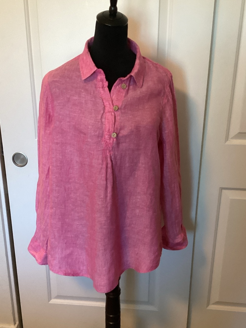 Sigrid Olsen coral pink linen button pullover long sleeve L